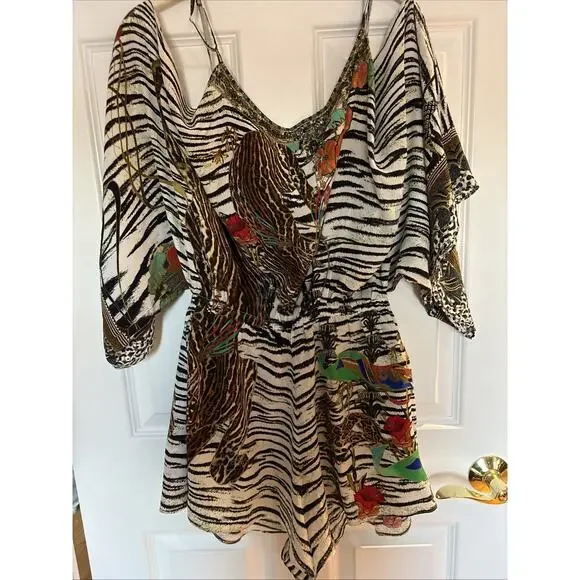 Camilla Womens BLACK WHITE Tiger Silk Romper Multi color sz Med pockets crystals - Picture 7 of 15